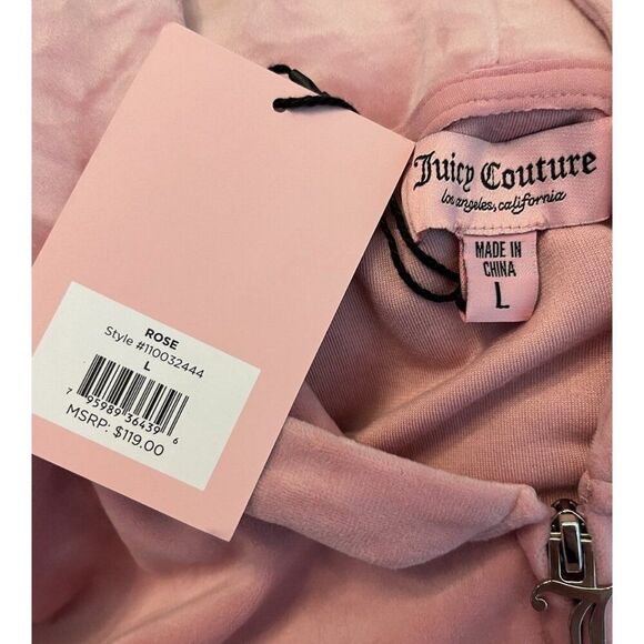 Juicy Couture Large Pink Velour Zip Up Tracksuit Jacket Hood Bling Logo NWT $115 - Picture 4 of 6